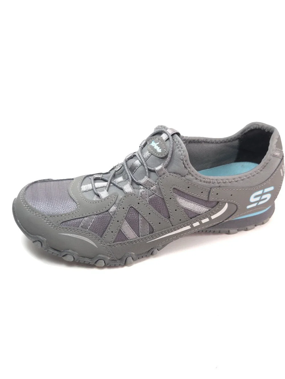Skechers Bikers Gray & Teal Slip‑On Bungee‑Lace Walking Sneakers Sz 8